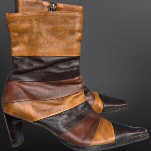Vintage 90s Y2K Brown Patchwork Leather pointed Toe Boots Size 7 Kitten Heels